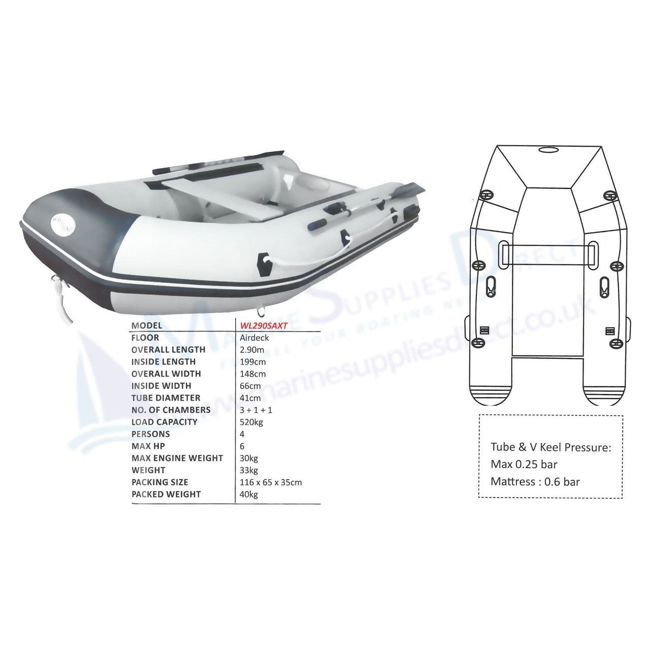 Waveline 2.9m Air Deck Solid Transom V Keel Inflatable Dinghy