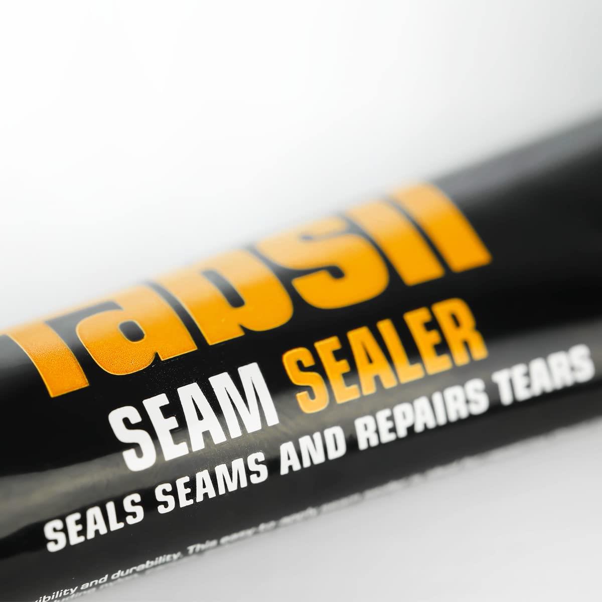 A close-up of the tube of Fabsil Seam Sealer. The text on the tube reads "Seals seams and repairs tears."
