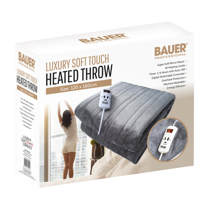 Bauer Luxury Soft Touch Heated Electric Throw- Grey