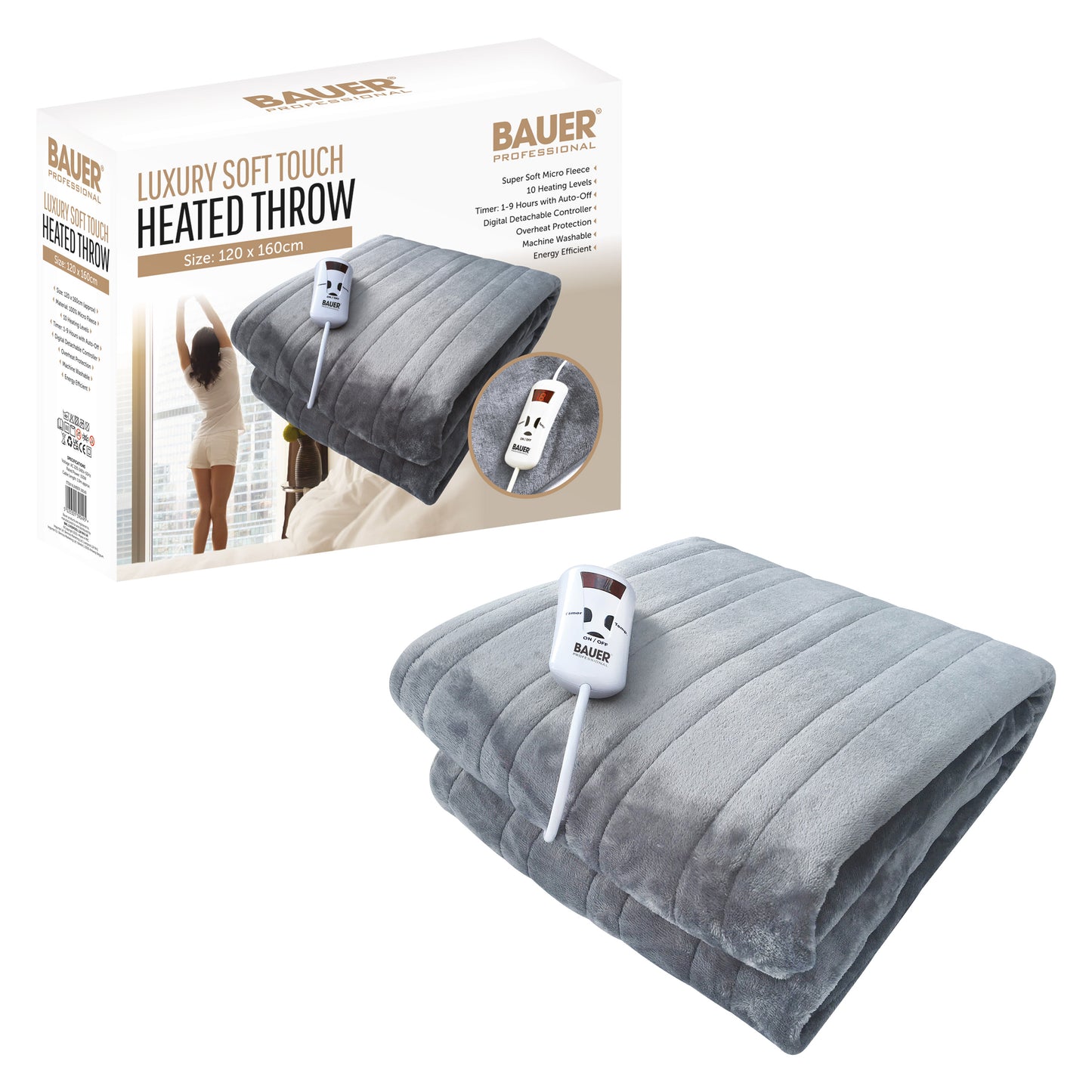 Bauer Luxury Soft Touch Heated Electric Throw- Grey