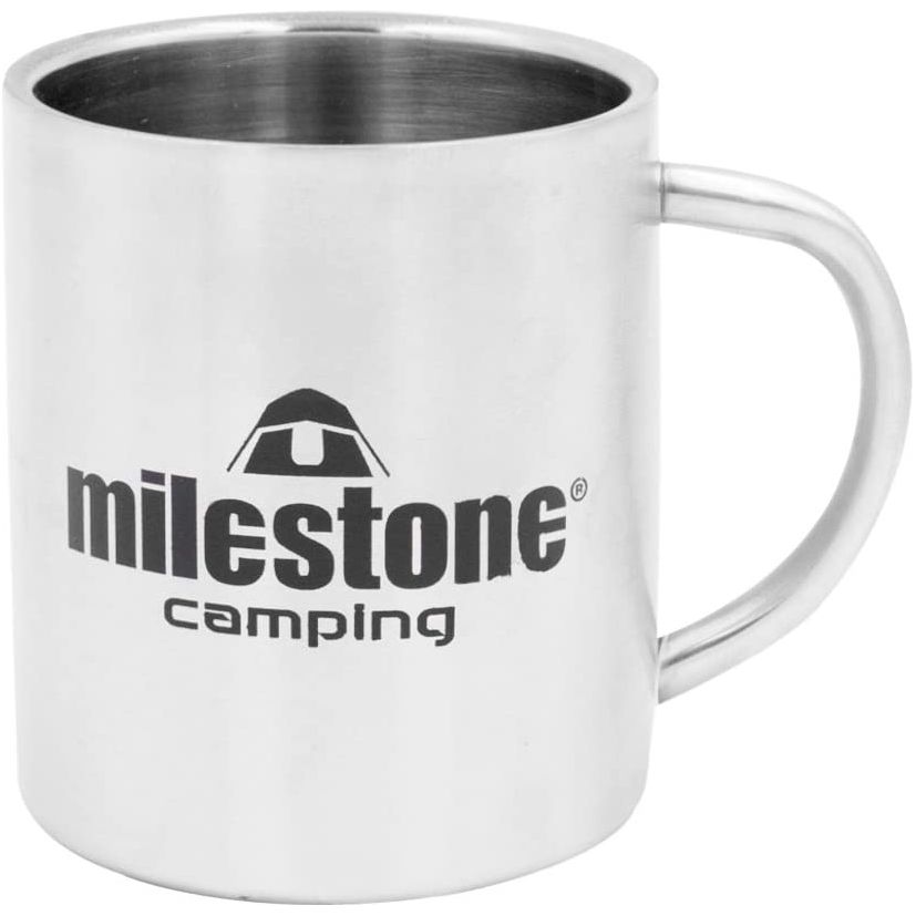 Milestone Stainless Steel Mug on slatted wooden floor with bottle