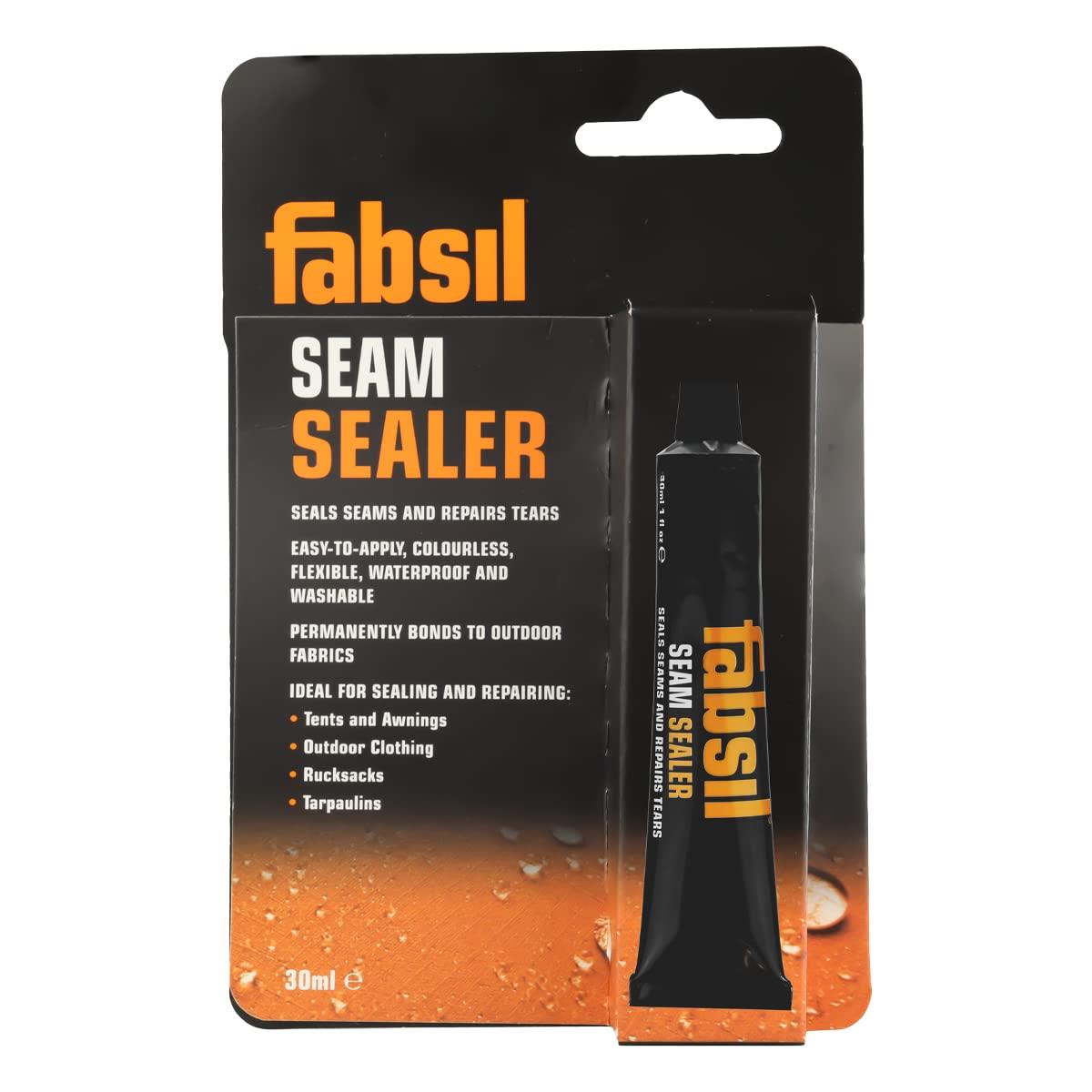 The packaging for Fabsil Seam Sealer. The text on the cardboard packaging reads "Seals seams and repairs tears. Easy-to-apply, colourless, flexible, waterproof and washable. Permanently bonds to outdoor fabrics. Ideal for sealing and repairing: tents and awnings, outdoor clothing, rucksacks, tarpaulins."