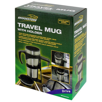 Brookstone Stainless Steel Travel Mug (With Holder and Safetight Lid)
