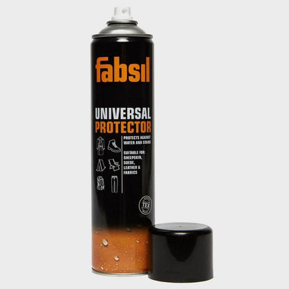 A long, black spray can of Fabsil Protector with the lid removed.